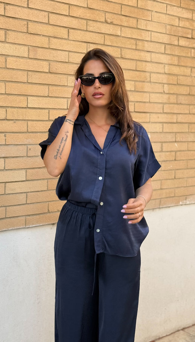 Camicia oversize satin blu